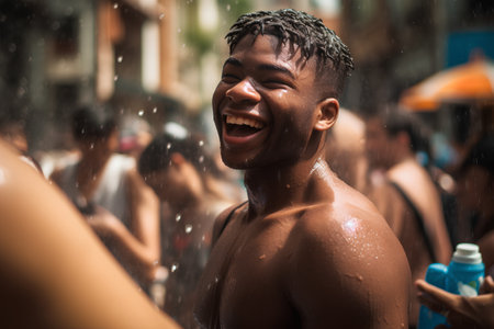 Happy african american man taking a shower in the city.の素材