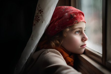 Little girl in a red bandana looks out of the window.の素材