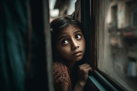 Little girl looking out the window. Selective focus on eyes.の素材
