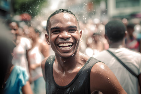 Young happy man with a lot of water on his face in the city streetの素材