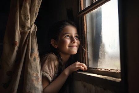 Portrait of a beautiful little girl looking out of the window.の素材