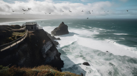 Beautiful aerial view of ocean waves crashing on the cliffs at Big Sur, California.の素材