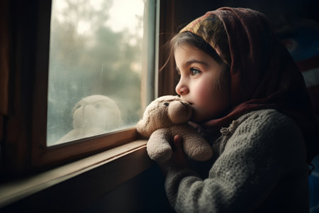 Little girl with teddy bear looking out the window in winter.の素材