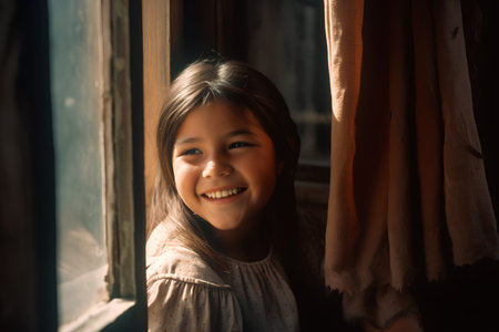 Portrait of a cute little girl smiling looking out the window.の素材