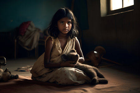 Portrait of a little girl sitting on the floor with her cat.の素材