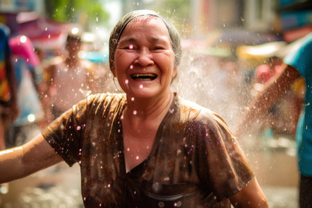 Unidentified Thai old woman is having fun during Songkran festival in Bangkok, Thailand.の素材