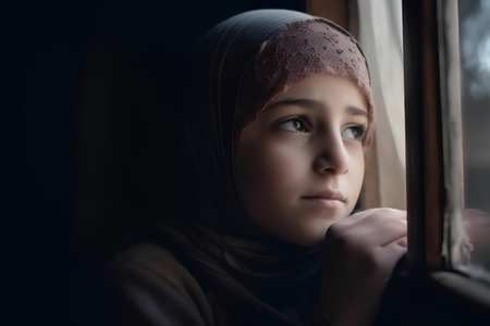 Portrait of a young muslim girl looking out the window.の素材