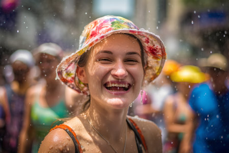 Young woman in a hat and with water drops on her face at the annual holi festival in Kharkiv, Ukraineの素材