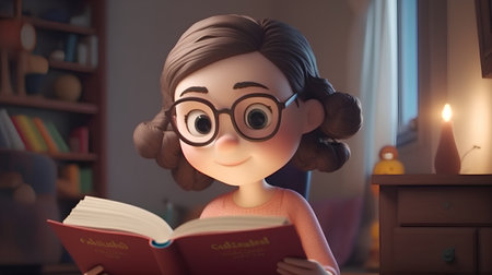 Little girl reading a book in the living room, 3d renderの素材