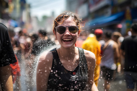 Young woman having fun in water festival in Kharkiv, Ukraineの素材
