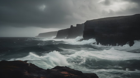 Stormy Atlantic ocean waves crashing on the cliffs of Cliffs of Moher, Irelandの素材