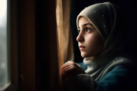 Portrait of a beautiful young girl looking out the window in winterの素材