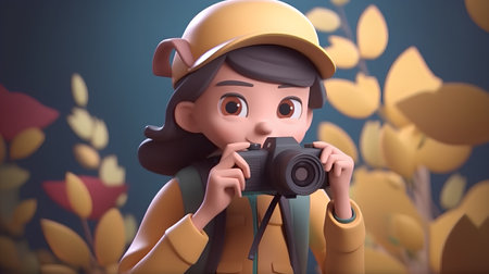 Photographer in yellow hat with camera in the autumn forest, 3d renderの素材
