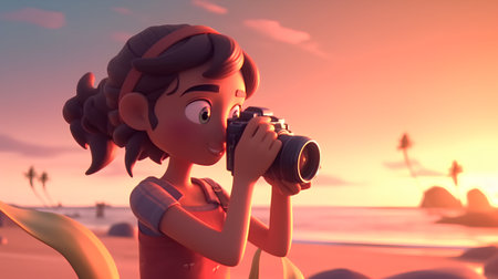 Girl with camera on the beach at sunset. 3d illustration.の素材