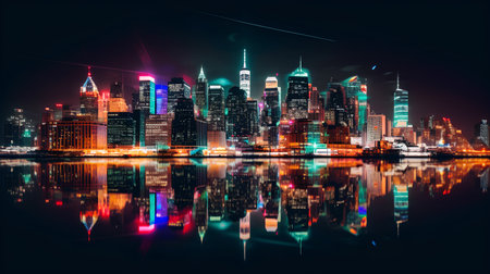 Shanghai skyline at night with reflection in Huangpu river, China.の素材