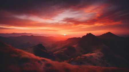 Mountain landscape at sunset. Dramatic sky. 3d renderの素材