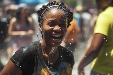 Young woman at the festival of colors Holi in Moscow.の素材