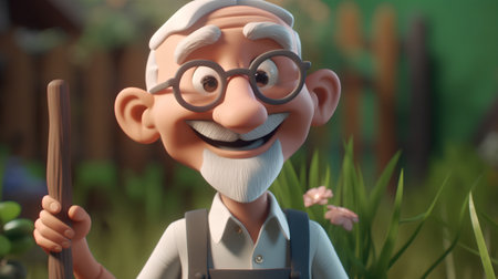 3d illustration of an old man with a hat and glasses in the gardenの素材