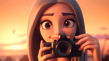 The girl in a hood with a camera. 3d rendering.の素材
