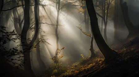 Mysterious forest with sunbeams and fog in autumn seasonの素材