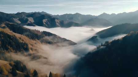 Foggy morning in the mountains. 3d rendered illustration.の素材