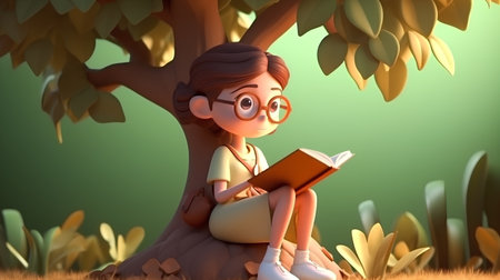 Girl reading a book under a tree. 3d rendered illustration.の素材