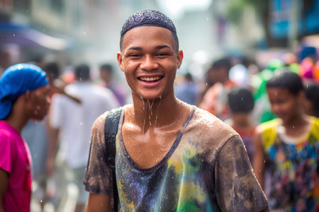 Young man playing with water during Holi festival in Bangkok, Thailandの素材