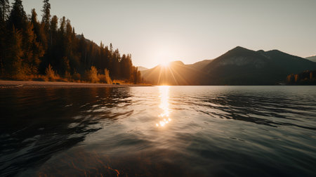 Sunset on the lake with mountains and forest in the background.の素材