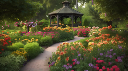Gazebo in the garden with colorful flowers and green treesの素材