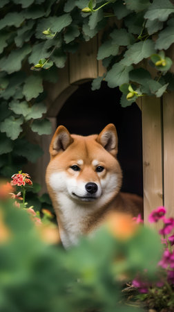 Portrait of a shiba inu dog sitting in the gardenの素材