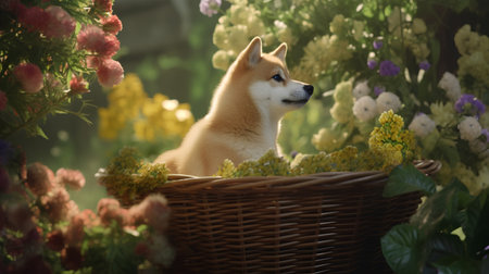 Shiba inu puppy sitting in basket with flowers in summer gardenの素材