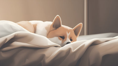 Cute welsh corgi puppy sleeps in bed. Vector illustrationの素材
