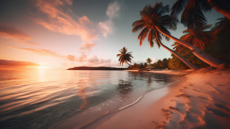 Tropical beach with palm trees at sunset, Seychellesの素材
