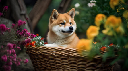 Shiba inu dog sitting in a basket with flowers in the gardenの素材
