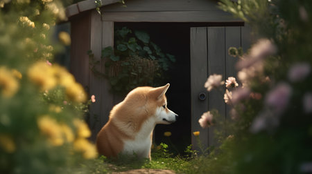 Portrait of a Japanese Akita Inu dog in the gardenの素材