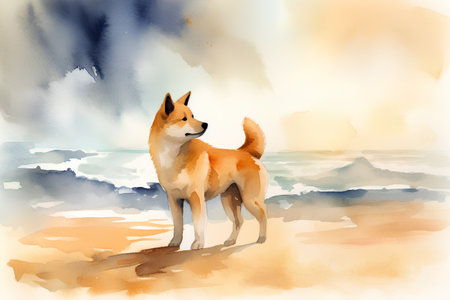 Watercolor illustration of shiba inu dog standing on the beach.の素材