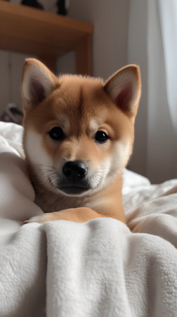 Portrait of a cute shiba inu puppy lying on the bedの素材