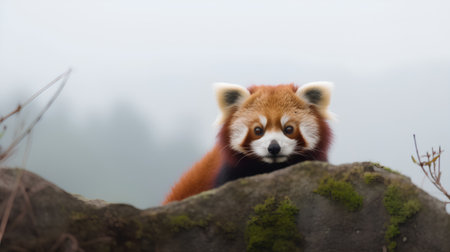 Red Panda on a rock in the forest with misty background.の素材