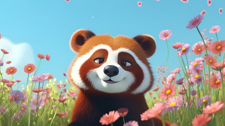 Red panda sitting on the flower meadow. 3d illustrationの素材