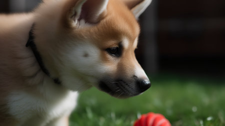 Akita Inu puppy playing with a ball in the garden.の素材