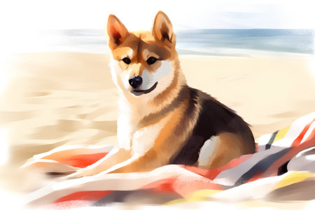 Akita inu dog lying on the beach. Vector illustration.の素材