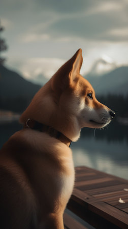 Portrait of a shiba inu dog on the background of mountainsの素材