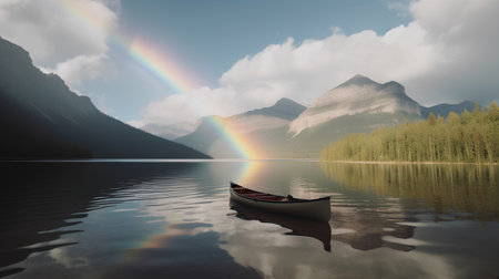 Lake in the mountains with a boat and rainbow, 3d renderの素材