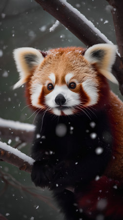 Red panda sitting on the tree in the forest during snowfallの素材