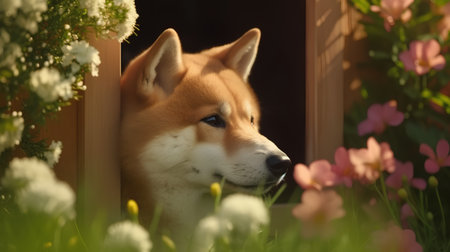 Portrait of a shiba inu in the garden with flowersの素材
