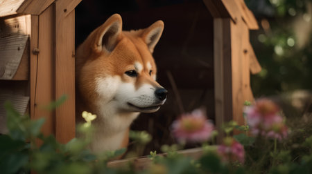 Shiba inu dog in a wooden house. Portrait of a Japanese dog.の素材