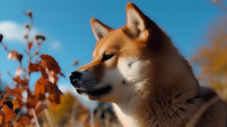 Shiba inu dog on a background of autumn leaves and skyの素材
