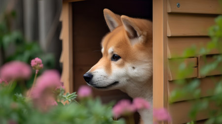 Shiba Inu puppy looking out of a wooden door in a gardenの素材