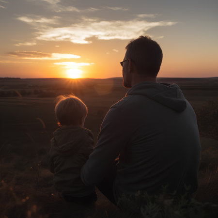Father and son looking at the sunset in the field. Family conceptの素材