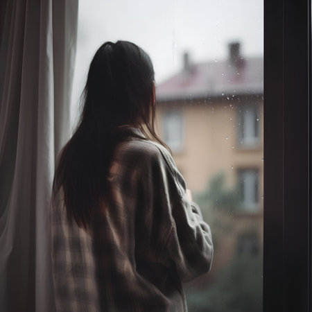 Young woman standing near the window and looking out the window in the rainの素材